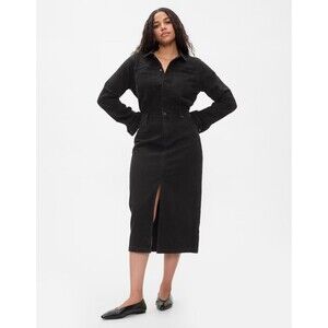 New Gap Denim Midi Dress Size XXL Black Overalls Utility Front Slit Long Sleeve